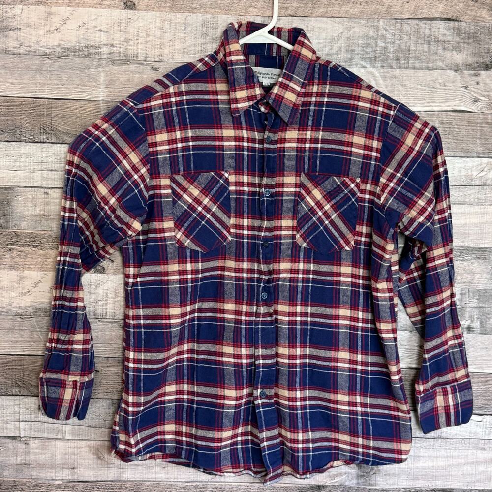 Vintage Bud Berma Highlander Flannel Shirt Mens Large Blue Plaid Button Up